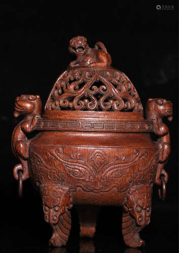 A BAMBOO CARVED TRIPOD INCENSE BURNER