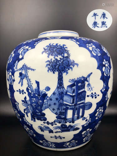 A BLUE AND WHITE TAOIST TREASURE PATTERN JAR