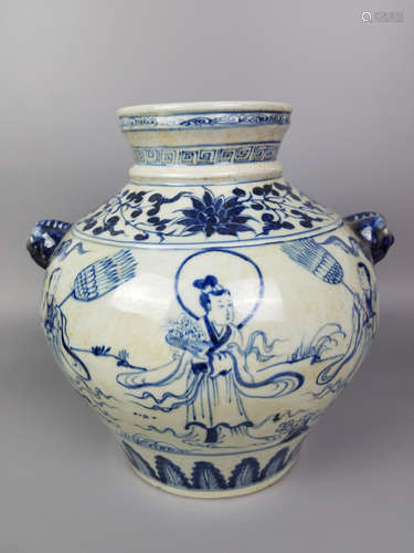 A BLUE AND WHITE FIGURE PATTERN JAR