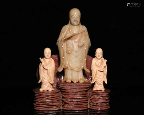 SET FURONG SOAPSTONE CARVED LUOHAN FIGURES