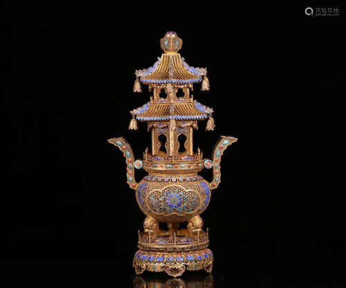 A GILT SILVER FILIGREE TOWER SHAPED CENSER