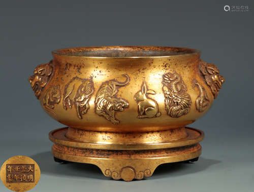 A GILT BEAST PATTERN COPPER CENSER