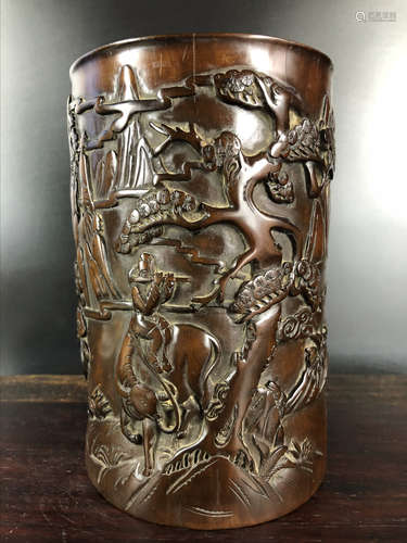 A OLD WOOD CARVED BRUSH POT