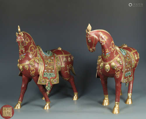 PAIR CLOISONNE HORSE SHAPED ORNAMENT