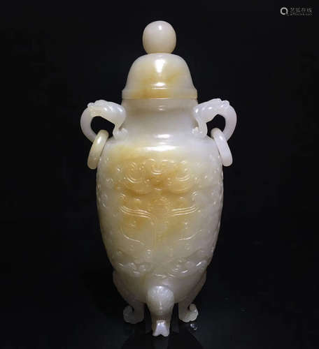 A HETIAN JADE CARVED TRIPOD BOTTLE VASE