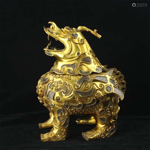 A Chinese Gilt Bronze Foo Dog Incense Burner