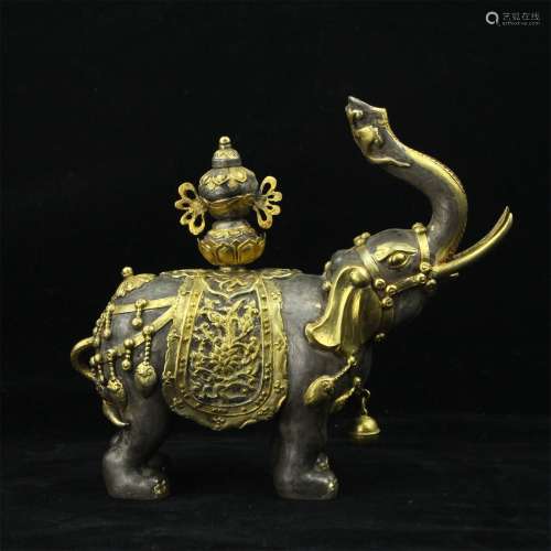 A Chinese Silver Elephant with Gilt Inlaided