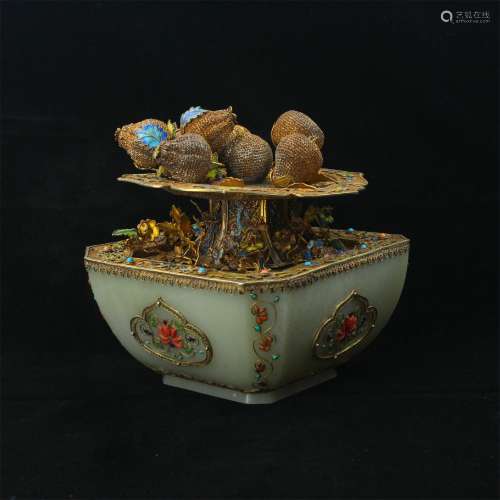 A Chinese Carved Jade Bowl with Gilt Cover