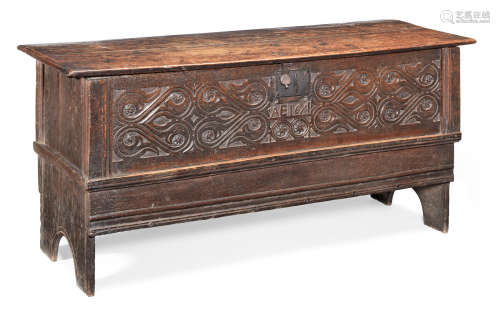 An unusual Charles II boarded oak chest, West Country, dated 1671