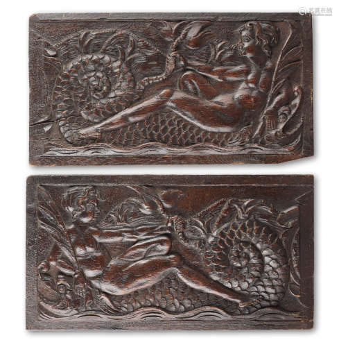 A pair of early to mid-17th century carved oak panels, Flemish, circa 1630
