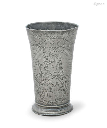 A late 17th century pewter Royal commemorative wrigglework beaker, Dutch, circa 1690