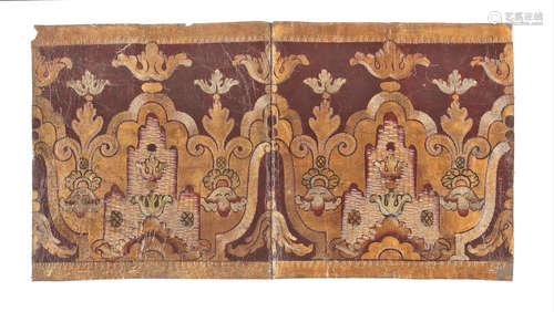 Eight late 17th/early 18th century painted and gilt-highlighted leather wall panels, Dutch, circa 1700