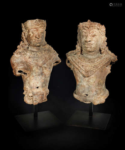 Indonesia, Majapahit period, c. 14th century A PAIR OF DVARAPALA TERRACOTTA TORSOS