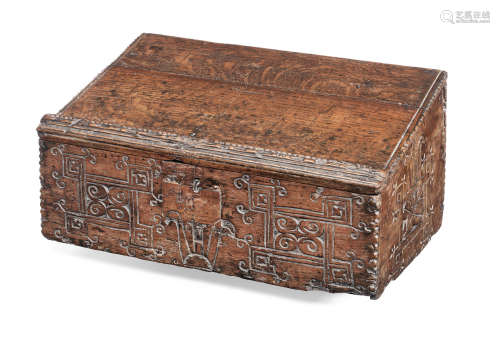 A late 17th century boarded oak desk box, Welsh