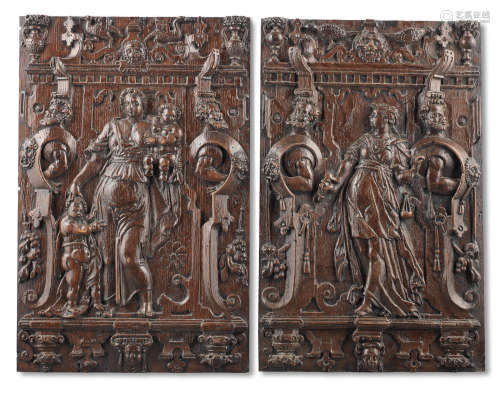 A good set of four late 16th century carved oak panels, French, circa 1600, The Virtues