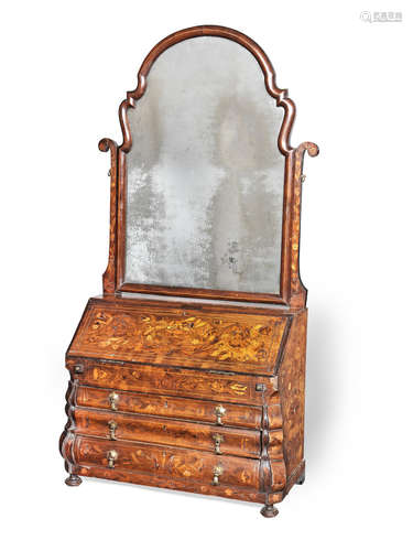 An unusually large early 19th century walnut and marquetry-inlaid toilet mirror, Dutch