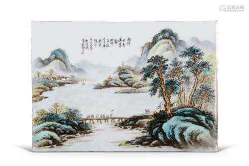 文革 粉彩山水人物瓷板