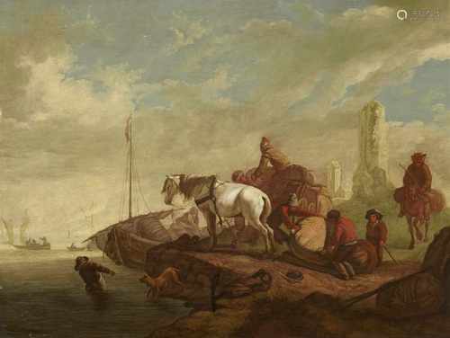 Philips Wouwerman, zugeschriebenFlusslandschaft mit ReiternÖl auf Holz. 34,5 x 46 cm.Philips