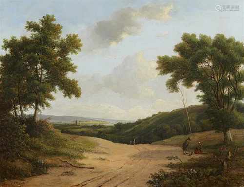 Coenraad Alexander WeertsWeite Landschaft mit Blick auf eine BurgruineÖl auf Holz. 23 x 30 cm.