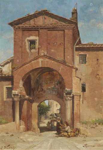 Carl WuttkeRömischer Torbogen bei der Porta San LorenzoÖl auf Karton. 55 x 39 cm.Signiert unten