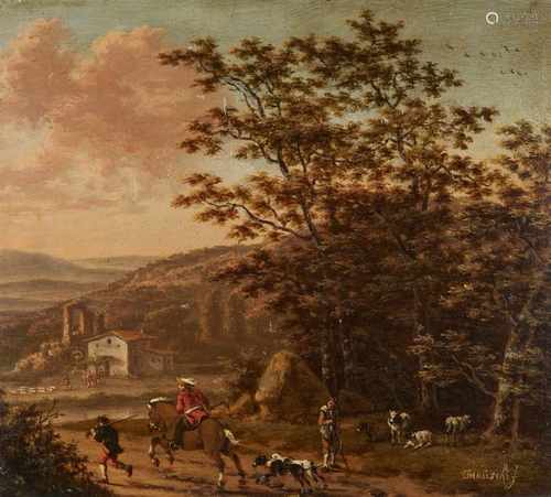 Willem de Heusch, UmkreisSüdliche Landschaft mit Reiter und HirteÖl auf Holz. 18,5 x 21,5 cm.Verso