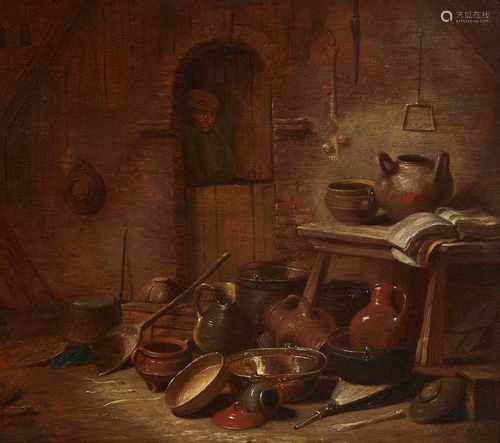 François RyckhalsInterieur mit KüchenstilllebenÖl auf Holz. 31,5 x 37 cm.Signiert und datiert