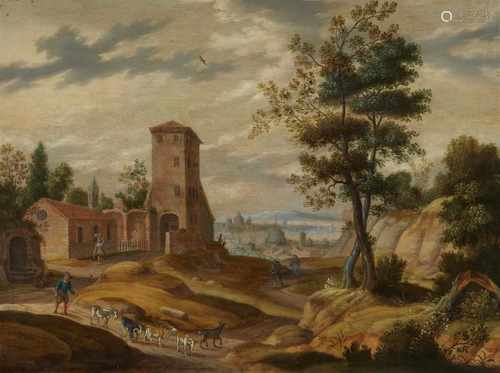 Izaak van OostenSüdliche Landschaft mit KlosterÖl auf Holz (parkettiert). 34 x 46 cm.