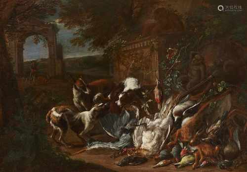 Adriaen de GryefLandschaft mit Jagdbeute und HundenÖl auf Holz. 35 x 51 cm.Adriaen de