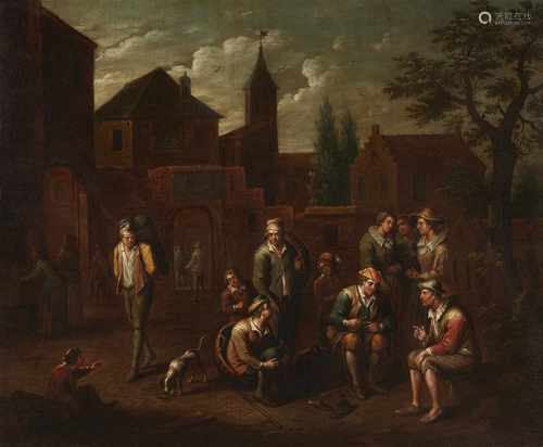 Jan Baptiste MonteyneEin Schuster vor einem StadttorÖl auf Leinwand (doubliert). 99 x 121 cm.