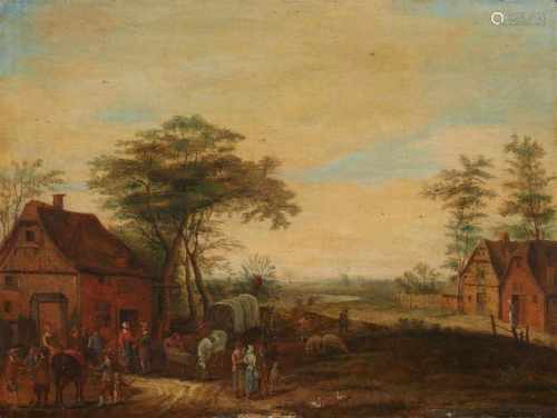 Jan Brueghel d. Ä., NachfolgeLandschaft mit Reisegesellschaft vor einem WirtshausÖl auf Holz. 18 x