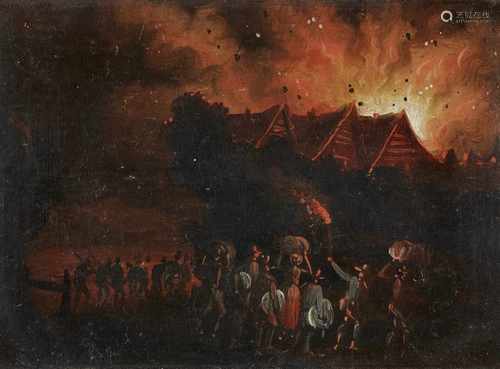 Johann Georg Trautmann, nachNächtliche FeuerbrünsteÖl auf Karton. Jeweils 5,5 x 8 cm.