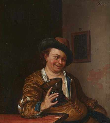 Jan van MierisInterieur mit TrinkerÖl auf Holz. 22 x 19 cm.Signiert oben links: J. Mieris.Das