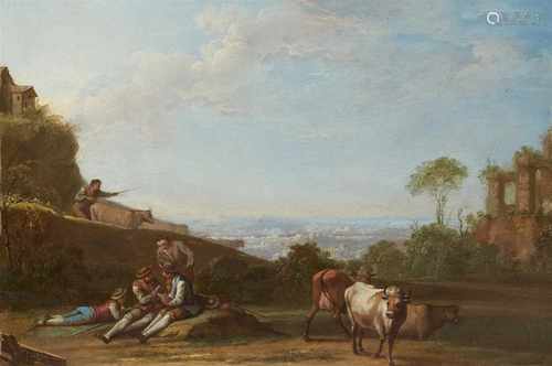 Franz de Paula FergLandschaft mit rastenden HirtenÖl auf Holz (parkettiert). 21 x 28,5 cm.