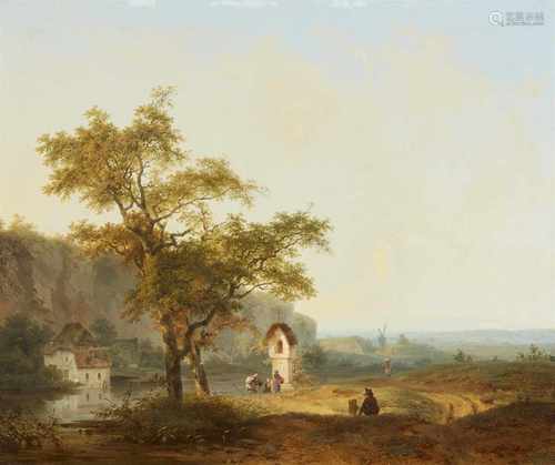 Pieter Lodewyk KuhnenLandschaft mit Bildstock und ReisendenÖl auf Holz. 39 x 47 cm.Signiert unten