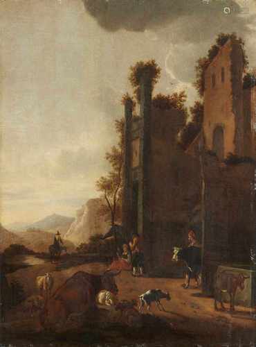 Adam PynackerLandschaft mit Ruine und BauernÖl auf Holz. 54 x 40,5 cm.Signiert unten links: A.