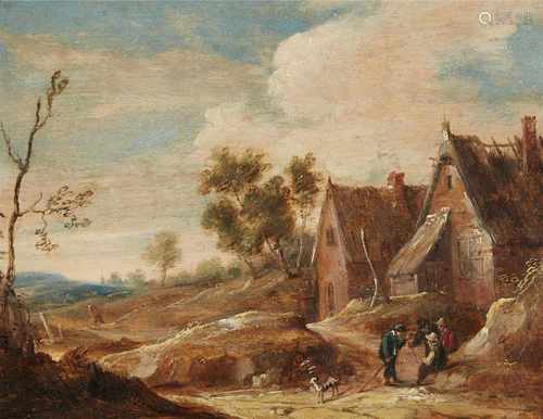 Flämischer Meister des 17. JahrhundertsLandschaft mit BauerngehöftÖl auf Holz. 17,5 x 23 cm.