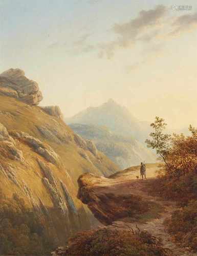 Cornelis LiesteGebirgslandschaft mit Jäger und HundÖl auf Holz. 34 x 29 cm.Signiert unten Mitte: