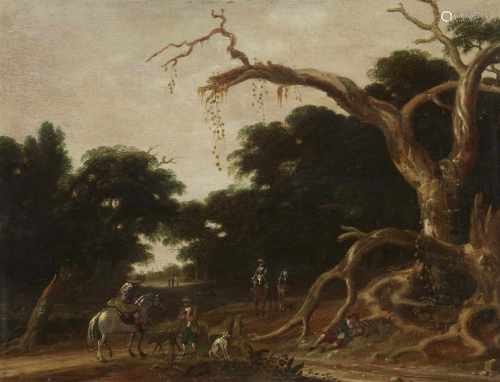 Jochem Govertsz. CamphuysenWaldlandschaft mit ReiterstaffageÖl auf Holz. 32,5 x 45 cm.