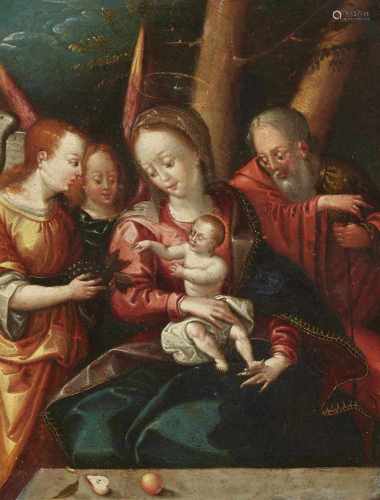 Flämischer Meister des 16. JahrhundertsHeilige Familie umgeben von EngelnÖl auf Kupfer. 22,5 x 18