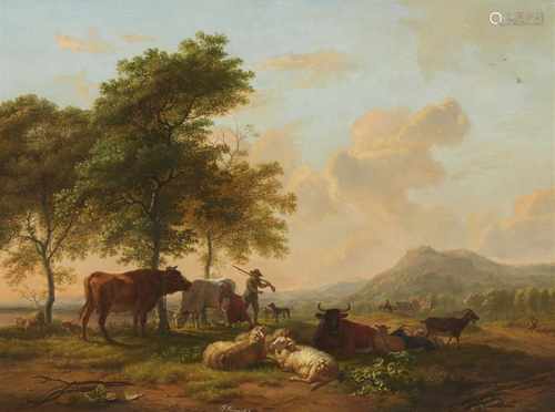 Balthasar Paul OmmeganckLandschaft mit Viehherde, Magd und JägerÖl auf Holz. 50 x 66 cm.Signiert