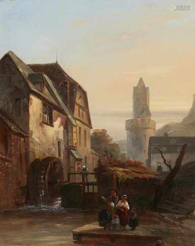 Gustave Adolphe SimonauStadtansicht von Andernach mit dem Runden TurmÖl auf Holz. 34 x 28 cm.