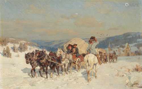 Wilhelm VeltenWinterlandschaft mit Reisewagen und ReiterÖl auf Holz. 15,7 x 24 cm.Signiert unten