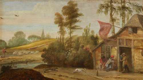 David Teniers d. J., NachfolgeLandschaft mit Wirtshaus und SchafherdeÖl auf Holz. 29 x 52 cm.David