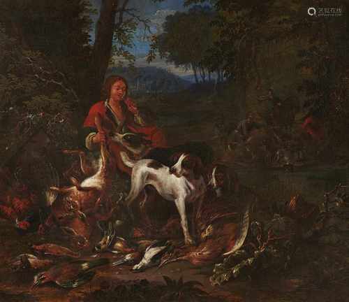 Adriaen de GryefLandschaft mit Jägern, Hunden und erlegtem WildÖl auf Leinwand. 50 x 58 cm.