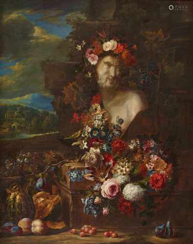 Jacob van der Borcht (Borght), zugeschriebenStillleben mit einer Büste des Pan, Blumen und FrüchÖl