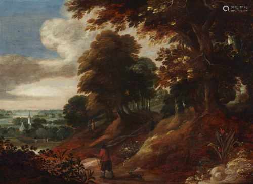 Flämischer Meister des 17. JahrhundertsBewaldete Landschaft mit Wanderern und Kirche im HintergrÖl