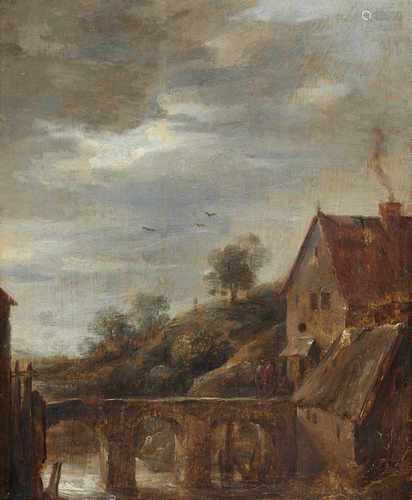 David Teniers d. J., UmkreisLandschaft mit Brücke und HäusernÖl auf Holz (parkettiert). 21,5 x 17