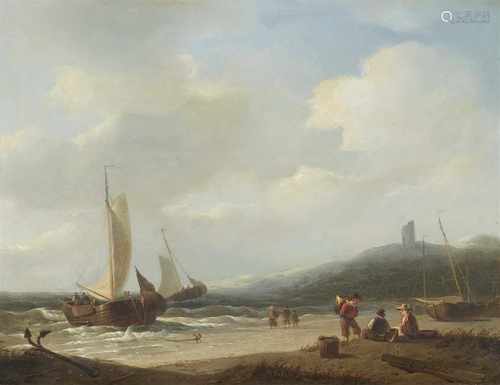 Johannes Christianus SchotelStrandansicht mit SegelschiffenÖl auf Holz. 28 x 38,5 cm.Signiert