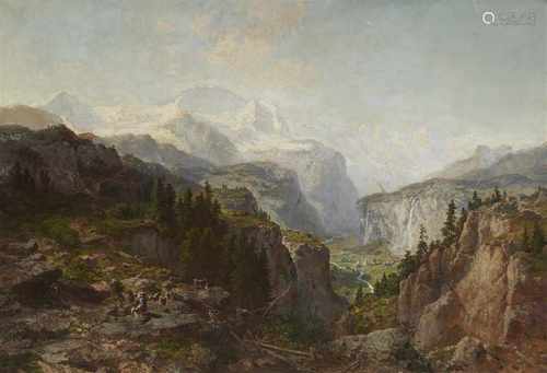 Joseph BütlerAlpenlandschaft mit Dorf im TalÖl auf Leinwand. 95 x 139 cm.Signiert und datiert