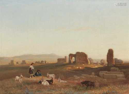 András MarkóSüdliche Landschaft mit ZiegenhirtenÖl auf Leinwand (doubliert). 25 x 35 cm.Signiert